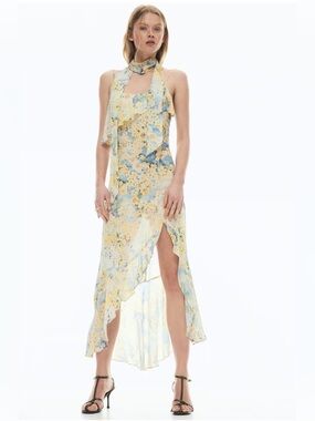 FLOUNCED CHIFFON DRESS WITH SCARF IN PASTEL YELLOW & BLUE SLIM FIT NWT SZ MEDIUM